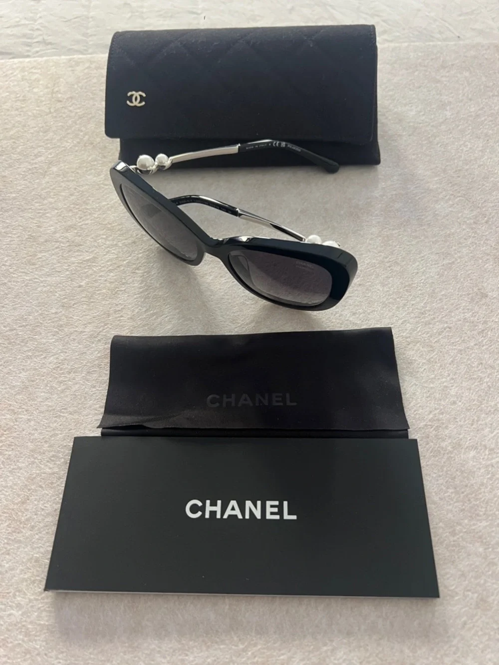 Chanel Black Square Sunglasses with Pearl Detail